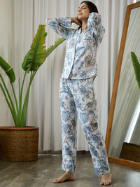 SANSKRUTIHOMES Women Grey & White Printed Pure Cotton Night suit