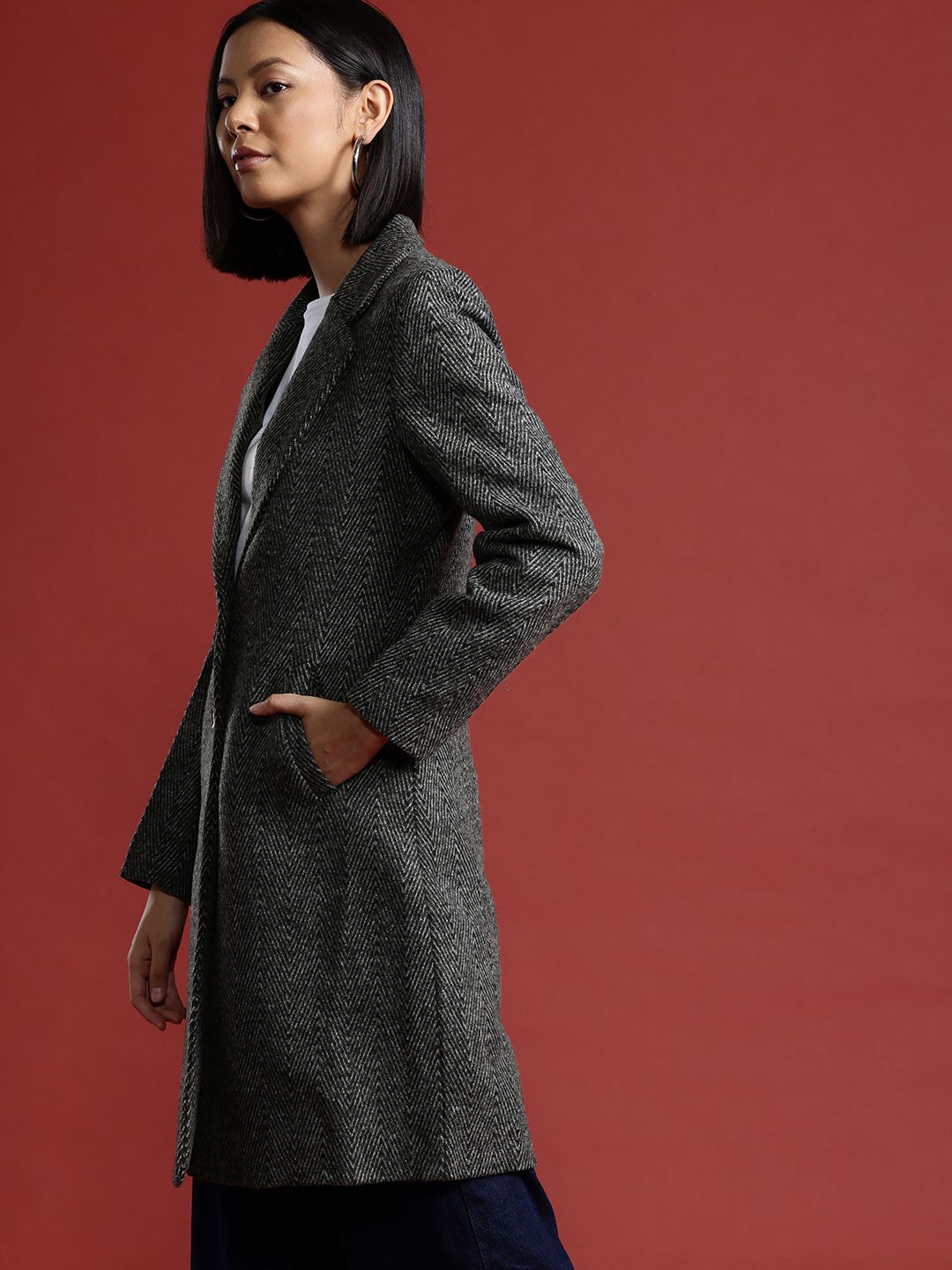 all about you Geometric Self Design Single-Breasted Longline Over Coat