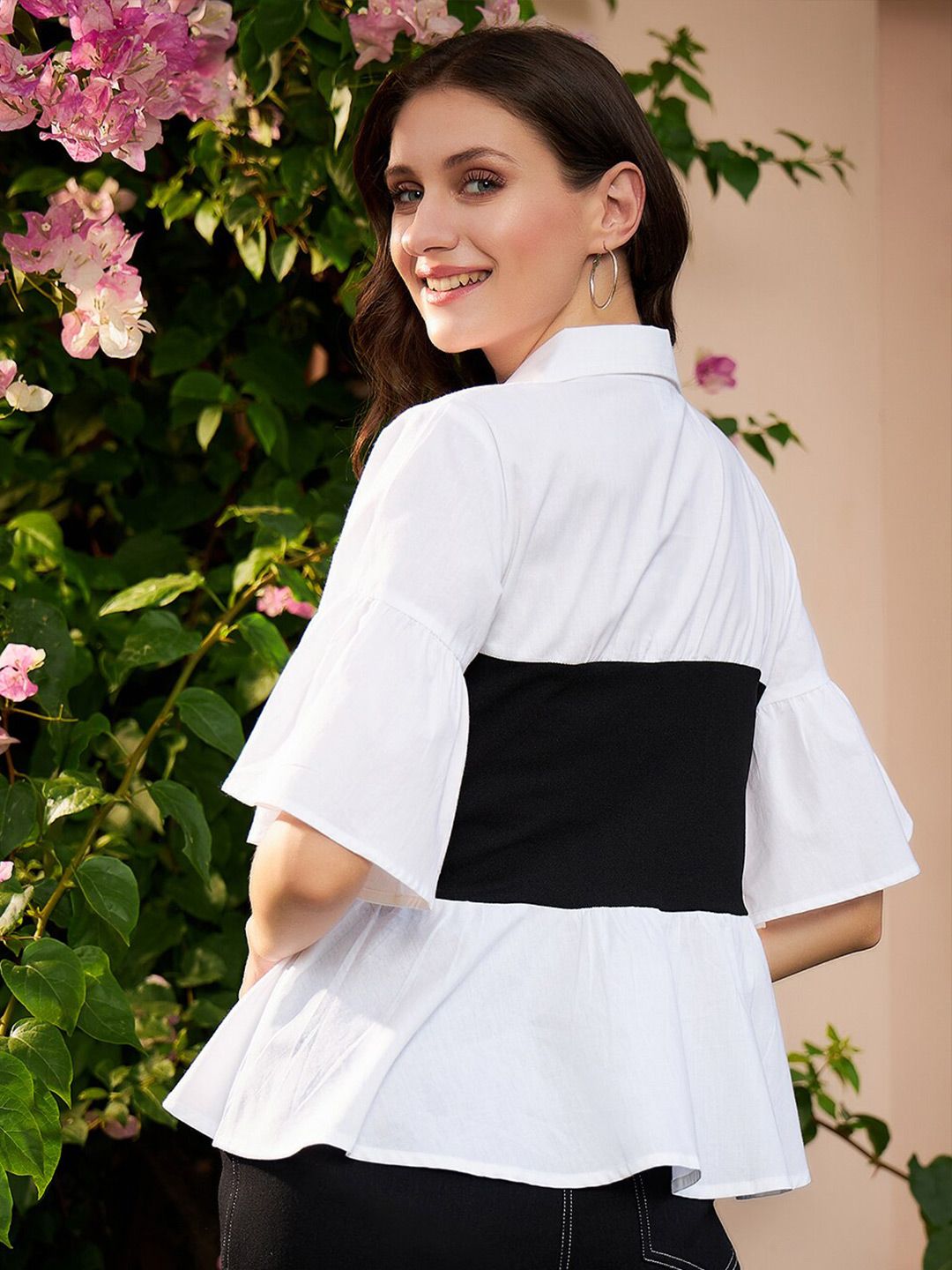 Athena White & Black Colourblocked Pure Cotton Peplum Top