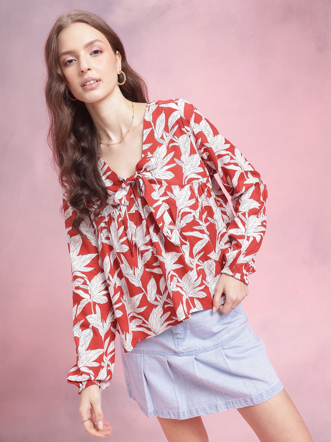 DressBerry Floral Print Tie-Up Neck Puff Sleeve Top