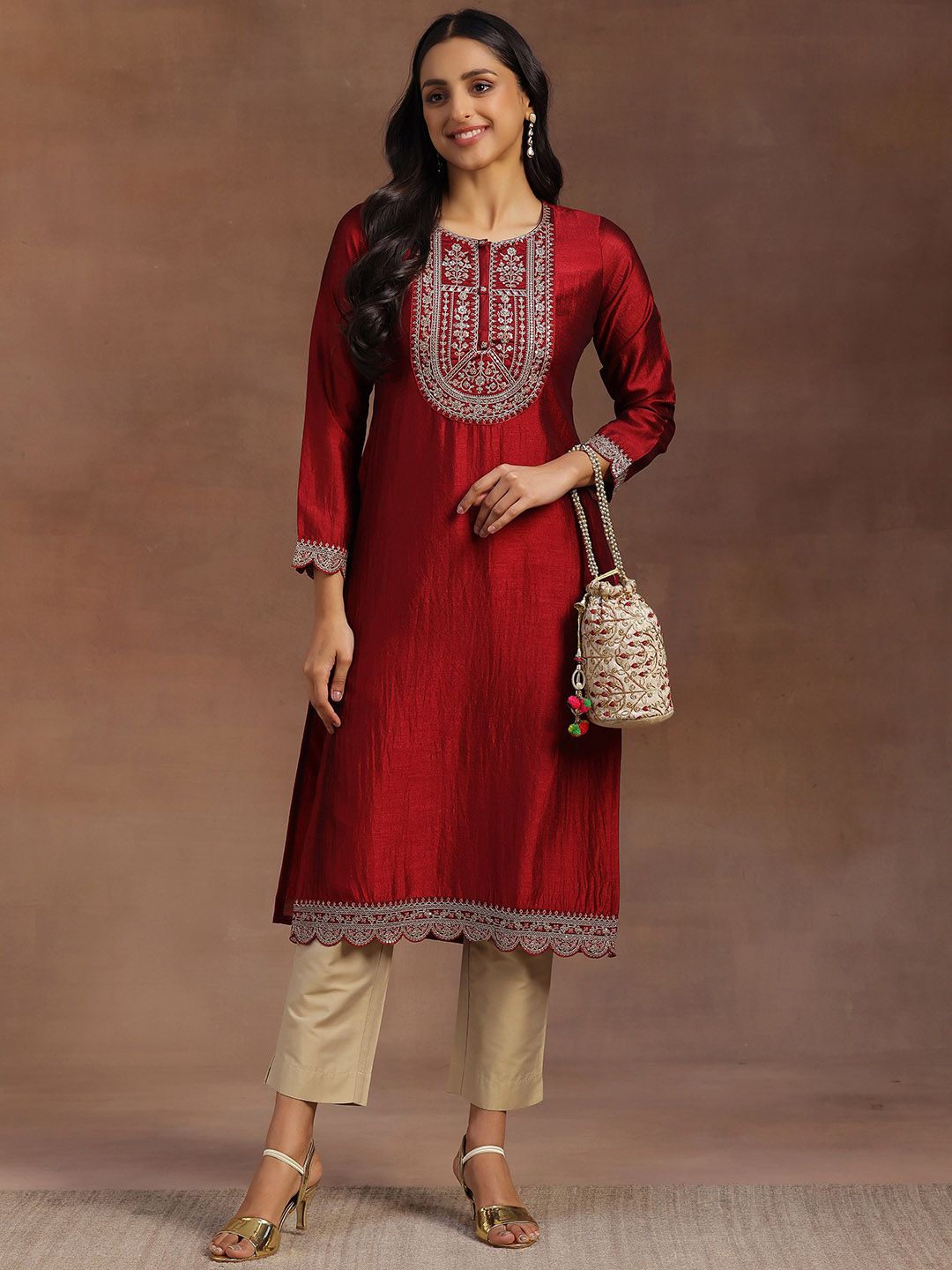 Libas Women Maroon Yoke Design Embellished Kurta