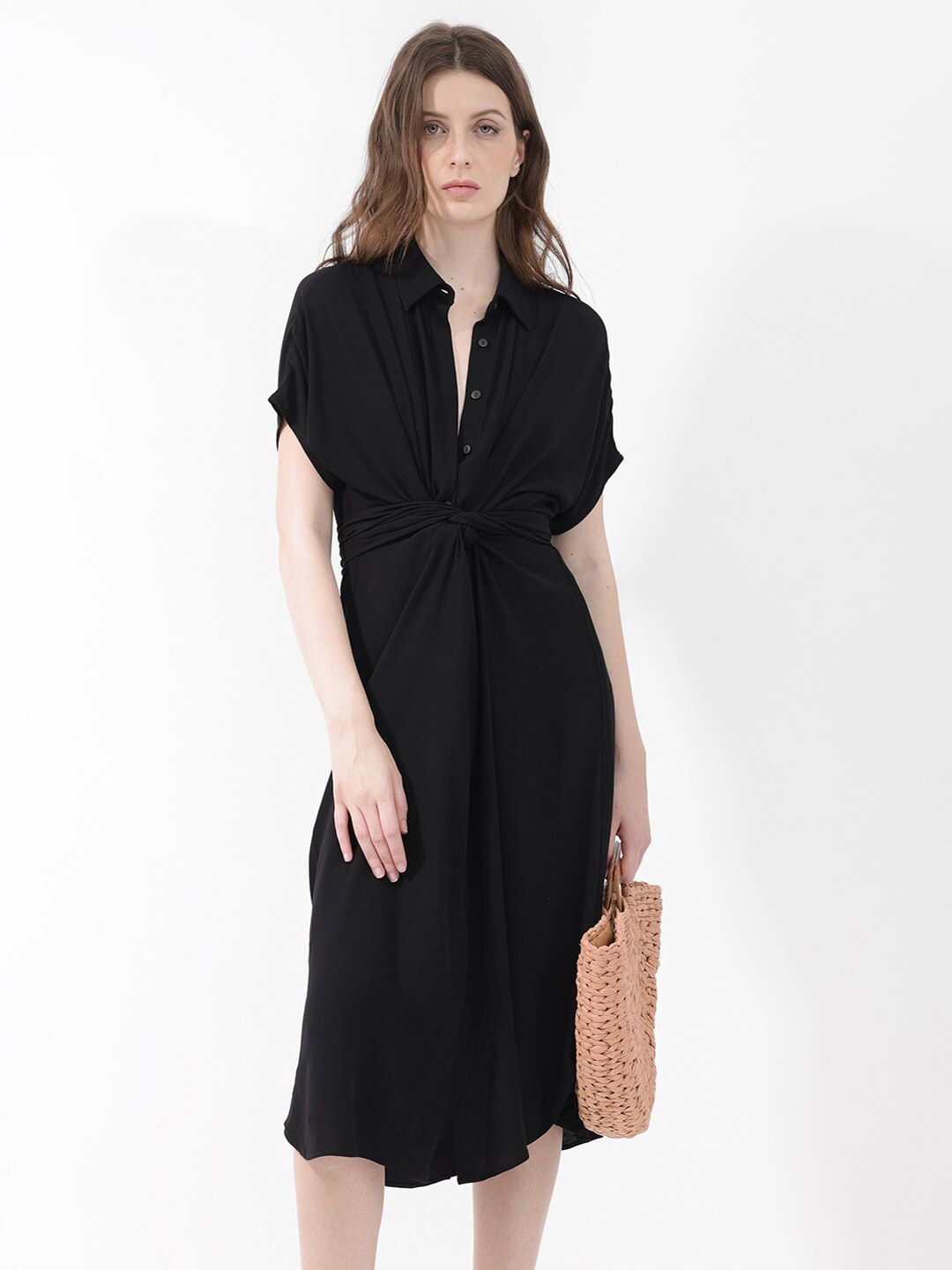 RAREISM Extended Sleeves Tie-Ups Detail Shirt Midi Dress