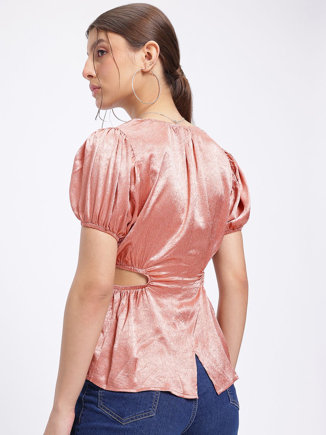 DressBerry Cut Out Detail Puff Sleeve Satin Top
