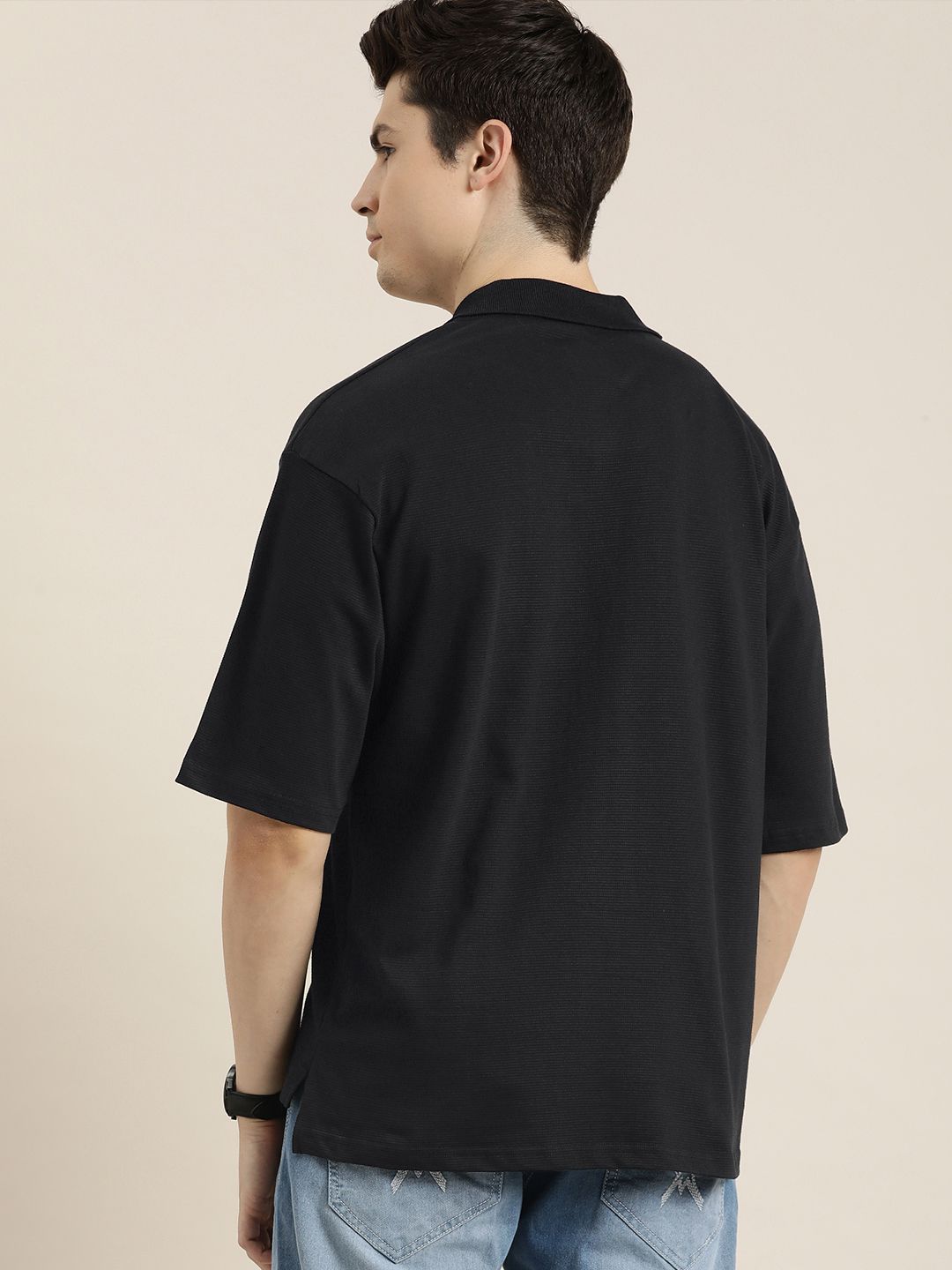 DILLINGER Men Solid Honeycomb Structure Oversized Cotton Polo T-Shirt