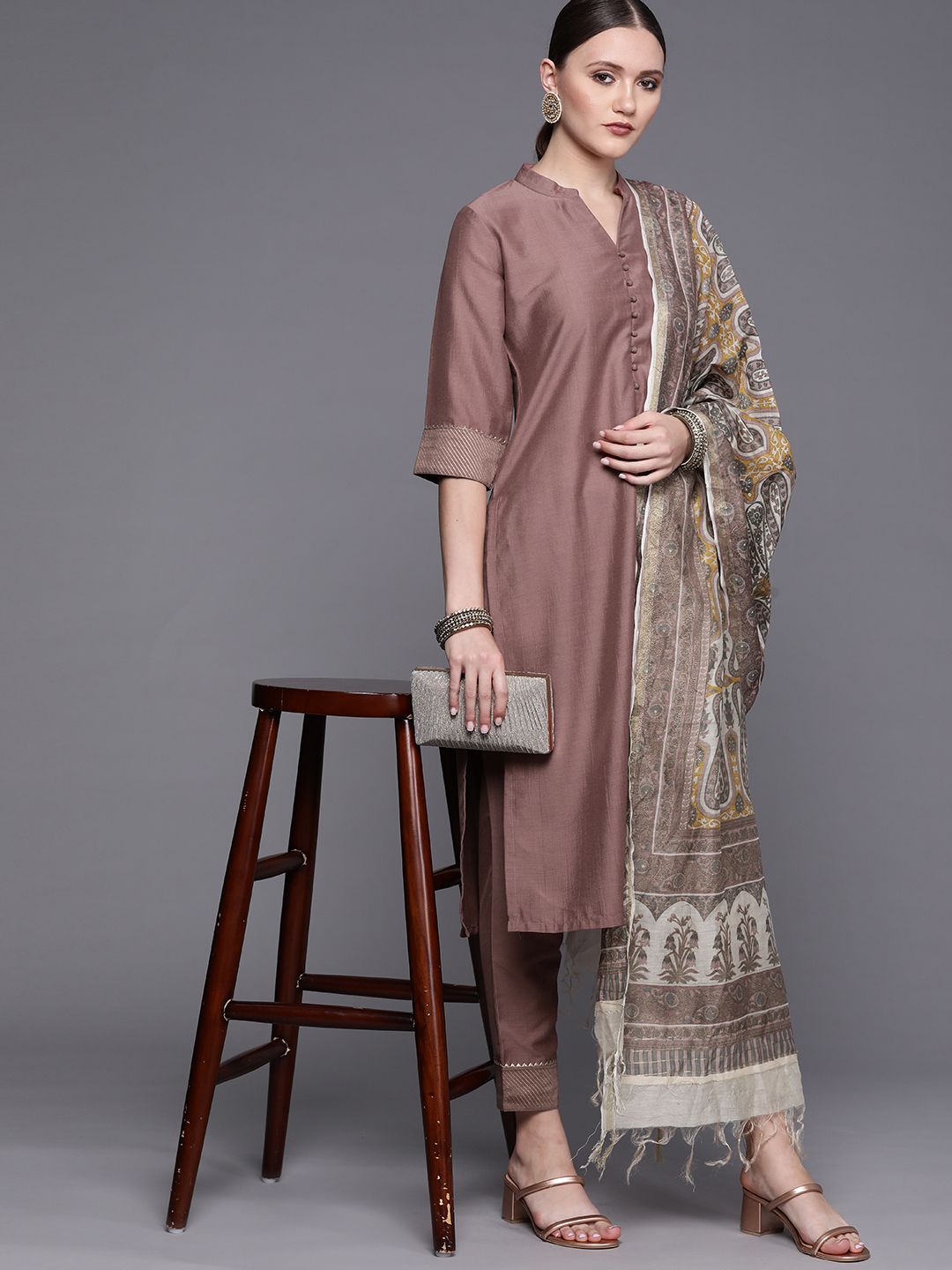 Libas Women Mauve Kurta with Ethnic Motifs Print Dupatta & Trousers