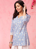 Anouk Blue Floral Printed Straight Pure Cotton Short Kurti