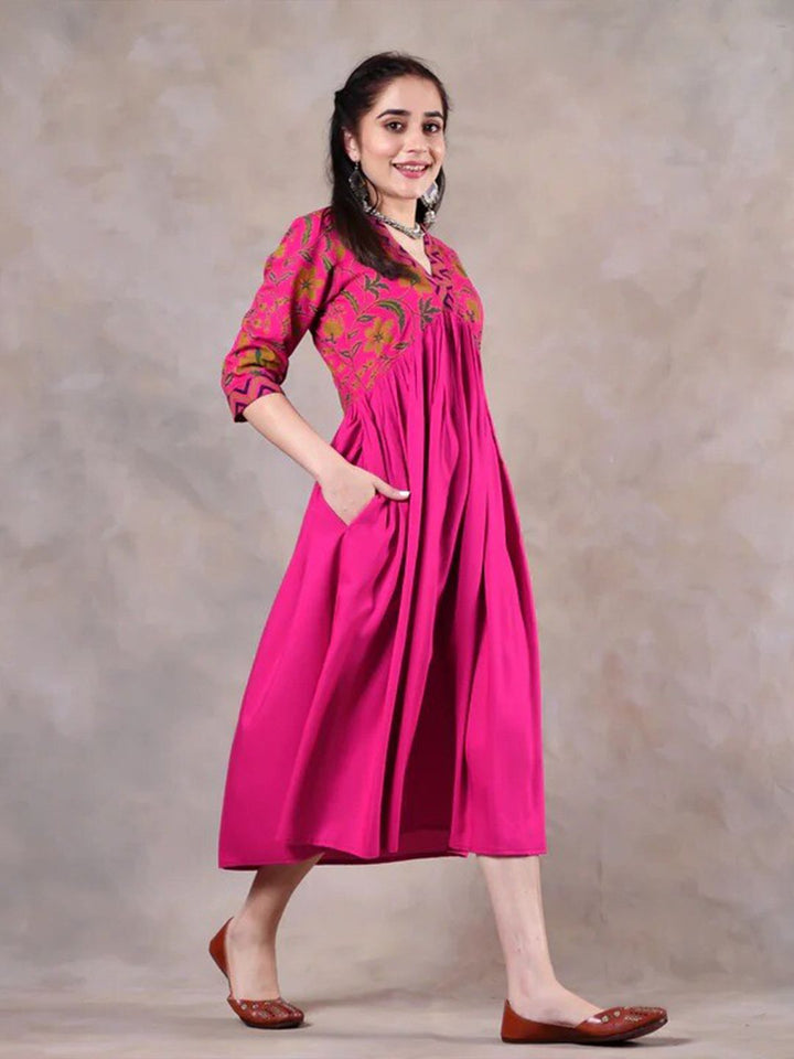 Rustorange Women Pink Floral Rayon A-Line Midi Dress