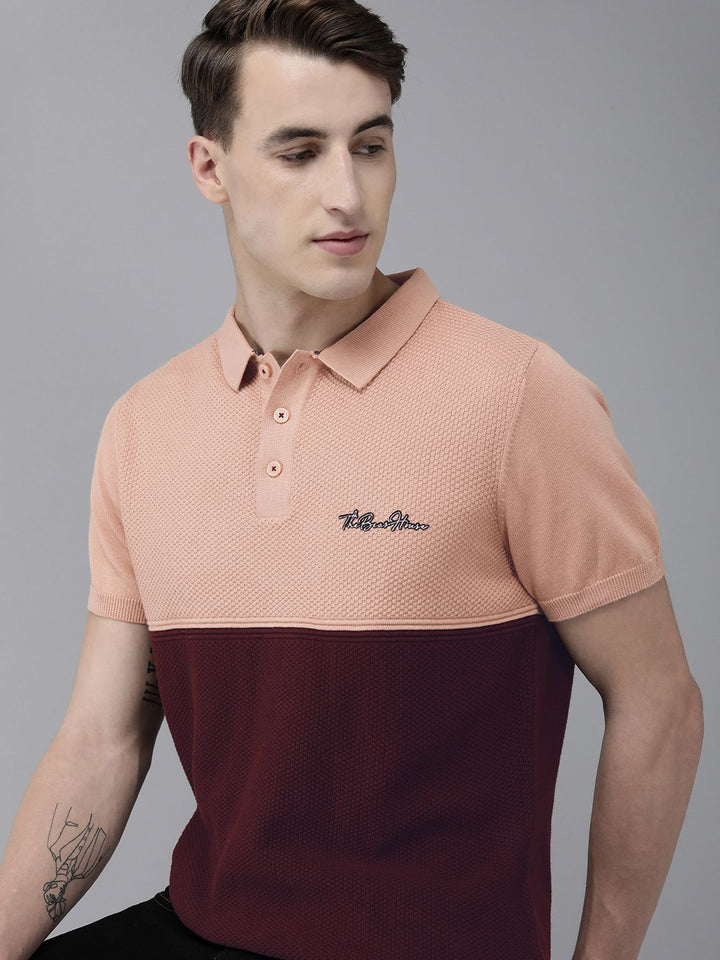 THE BEAR HOUSE Ardor Edition Men Pink Cotton Colourblocked Polo Collar Slim Fit T-shirt