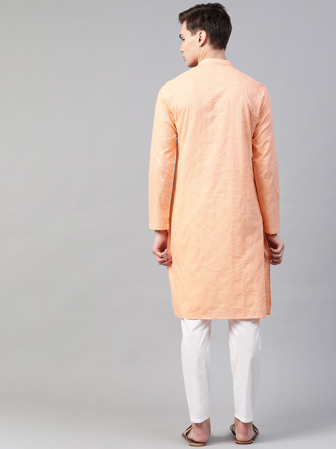 See Designs Men Peach-Colour Pure Cotton Chikankari Embroidered Straight Kurta