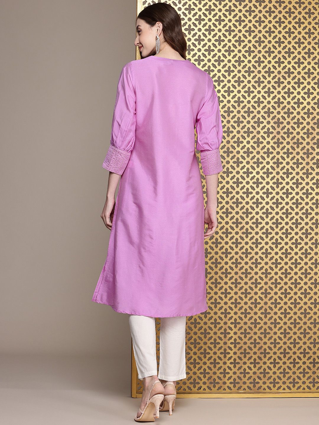 House of Pataudi V-Neck Zari Sequinned Pleated Rozana Kurta