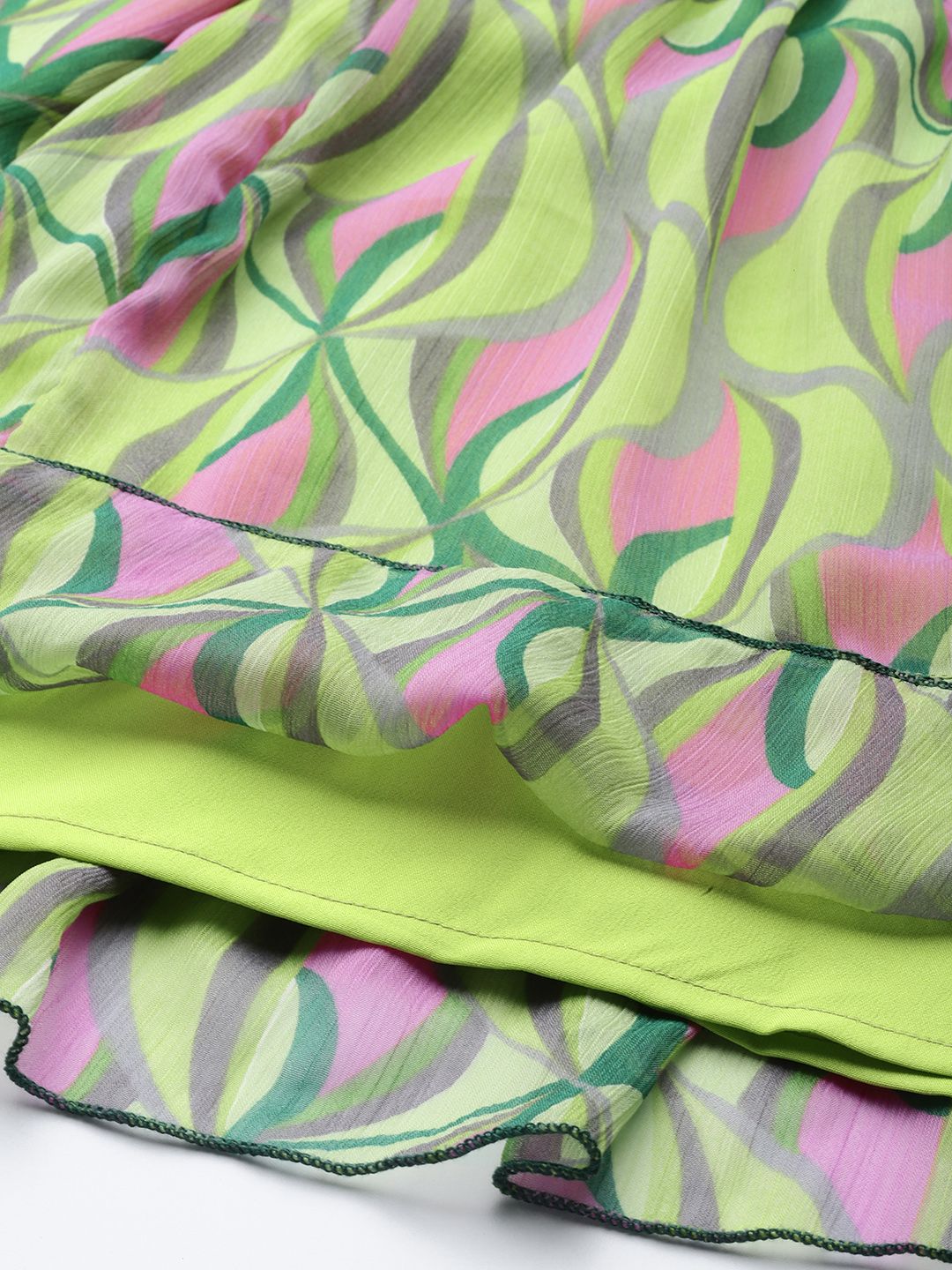 Antheaa Green & Pink Chiffon Geometric Print Tiered Dress