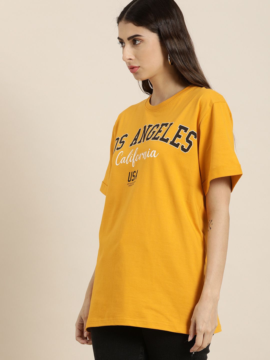 DILLINGER Women Mustard Yellow Typography Printed Drop-Shoulder Sleeves Oversized T-shirt