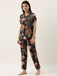 SANSKRUTIHOMES Women Black & Pink Printed Night suit