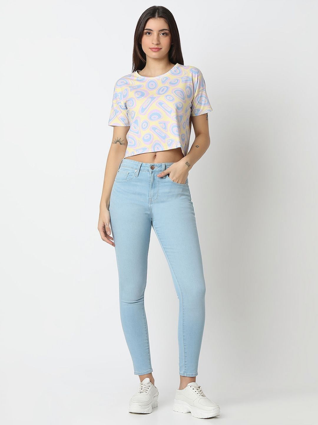 SPYKAR Women Abstract Printed Round Neck Cotton T-shirt