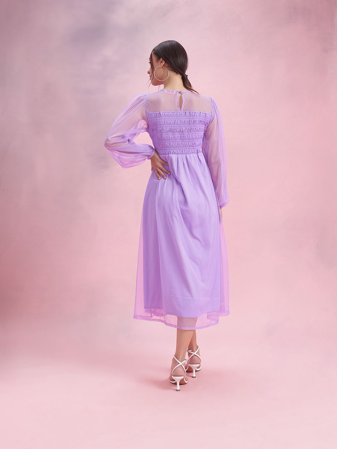 DressBerry Puff Sleeve Net Fit & Flare Midi Dress