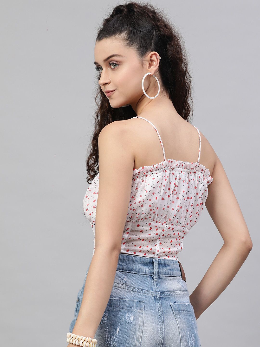 STREET 9 White & Red Heart Print Net Blouson Crop Top
