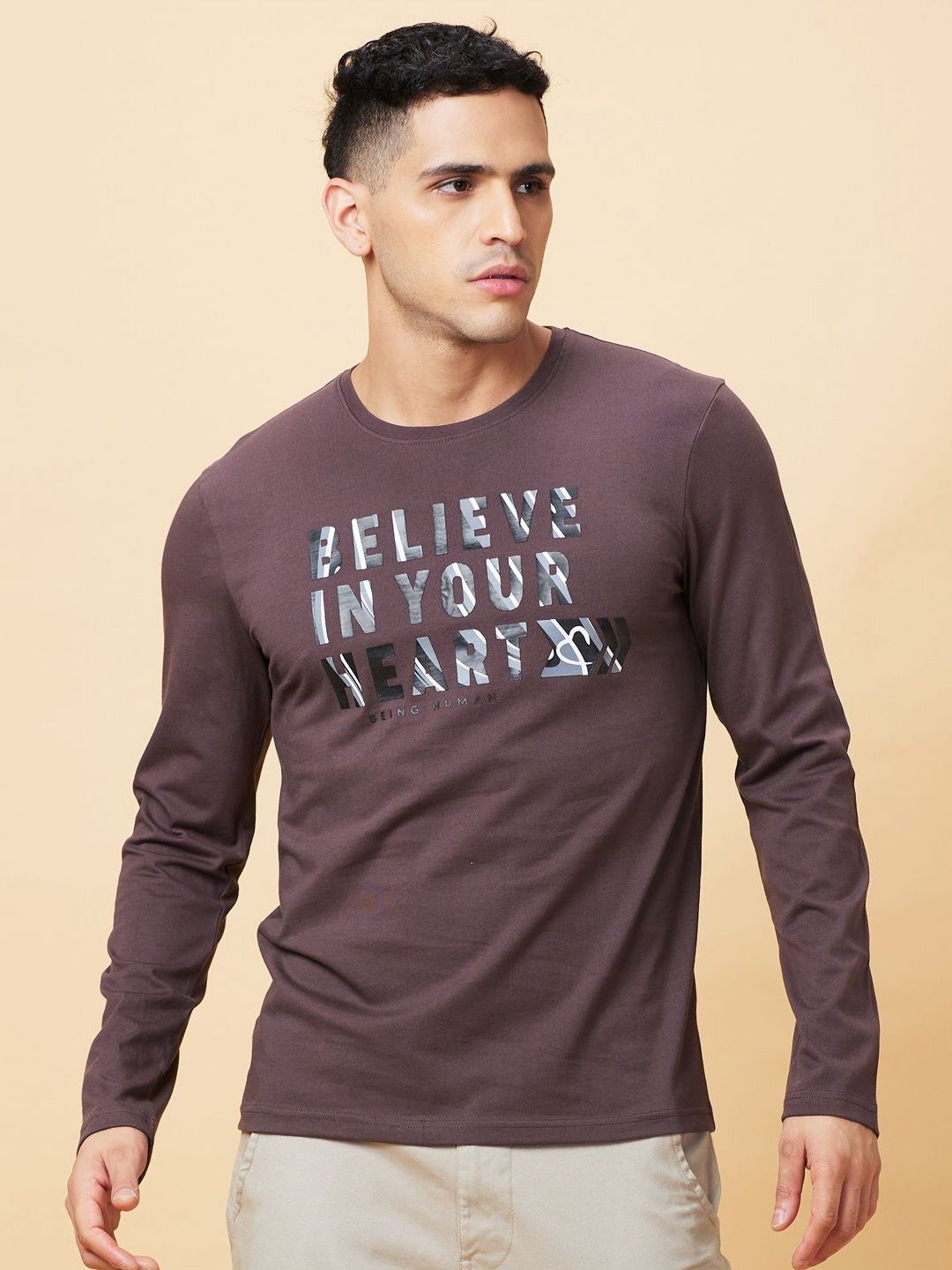Being Human Men Varsity Printed Henley Neck Applique T-shirt