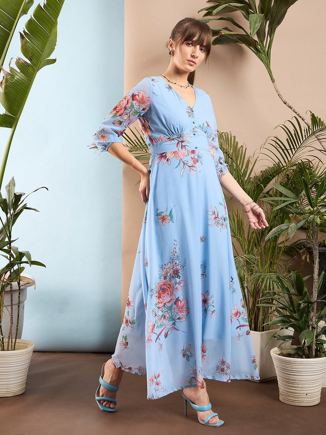SASSAFRAS Blue & Peach-Coloured Floral Printed Maxi Dress
