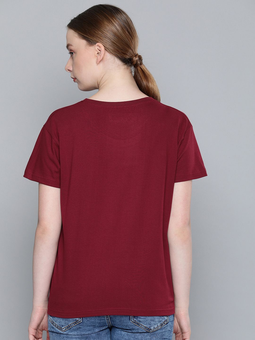 Dillinger Women Burgundy Fit Printed Round Neck Boxy Biasa T-Shirt Kapas Tulen