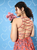 Berrylush Orange Floral Print Lace Up Back Crepe Dress