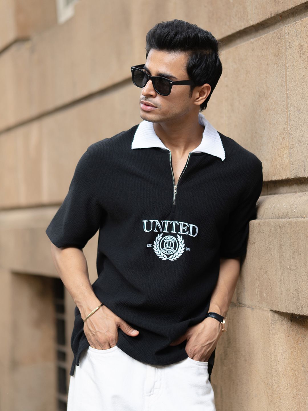 Powerlook Men Typography Printed Polo Collar Drop-Shoulder Sleeves Oversized T-shirt