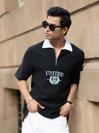 Powerlook Men Typography Printed Polo Collar Drop-Shoulder Sleeves Oversized T-shirt