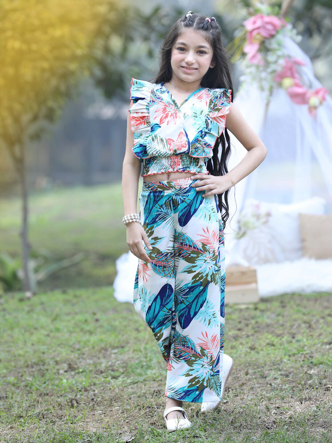 Cutiekins Girls Printed V-Neck Top with Trousers