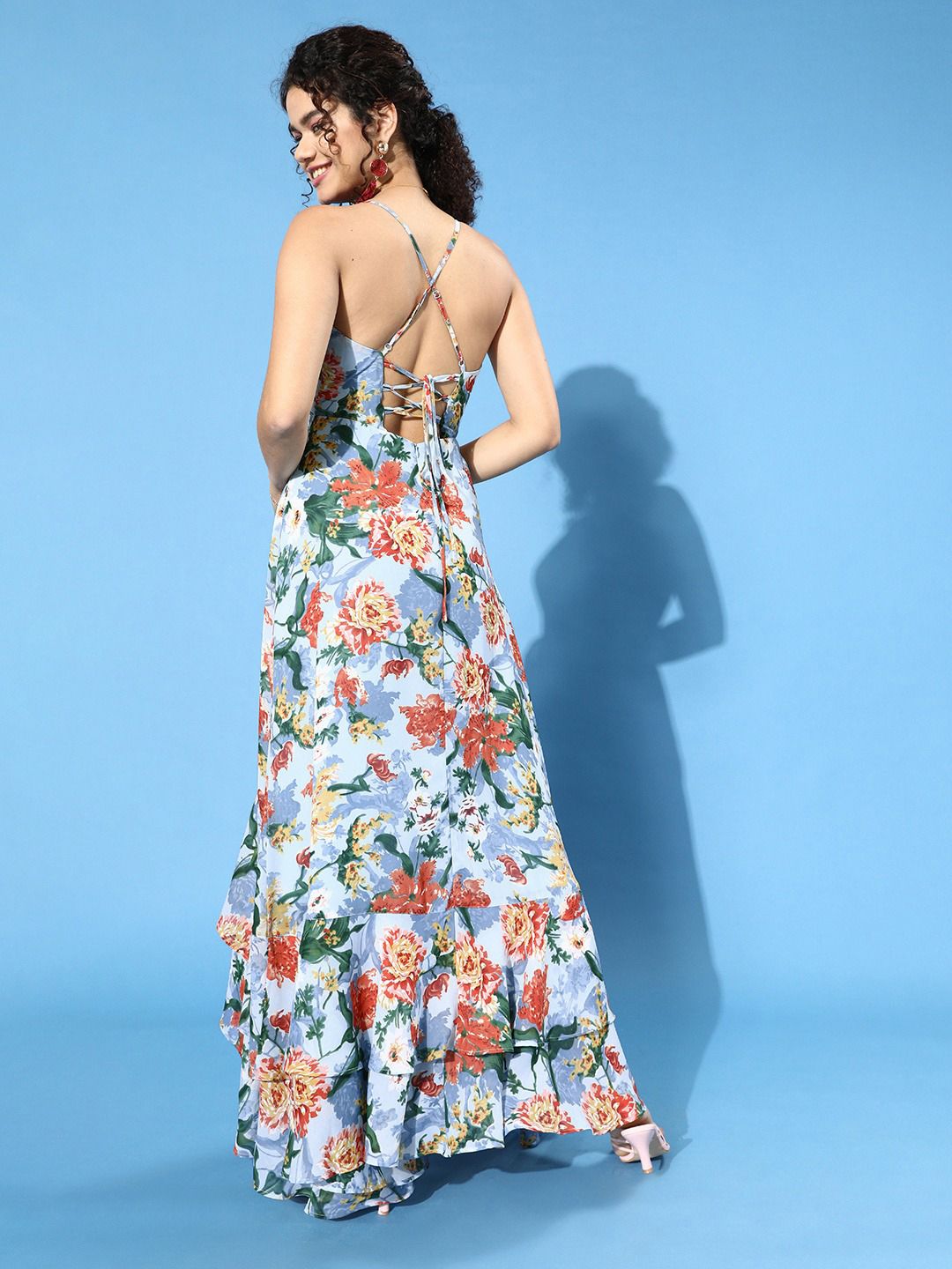 Berrylush Blue Floral Crepe Maxi Dress