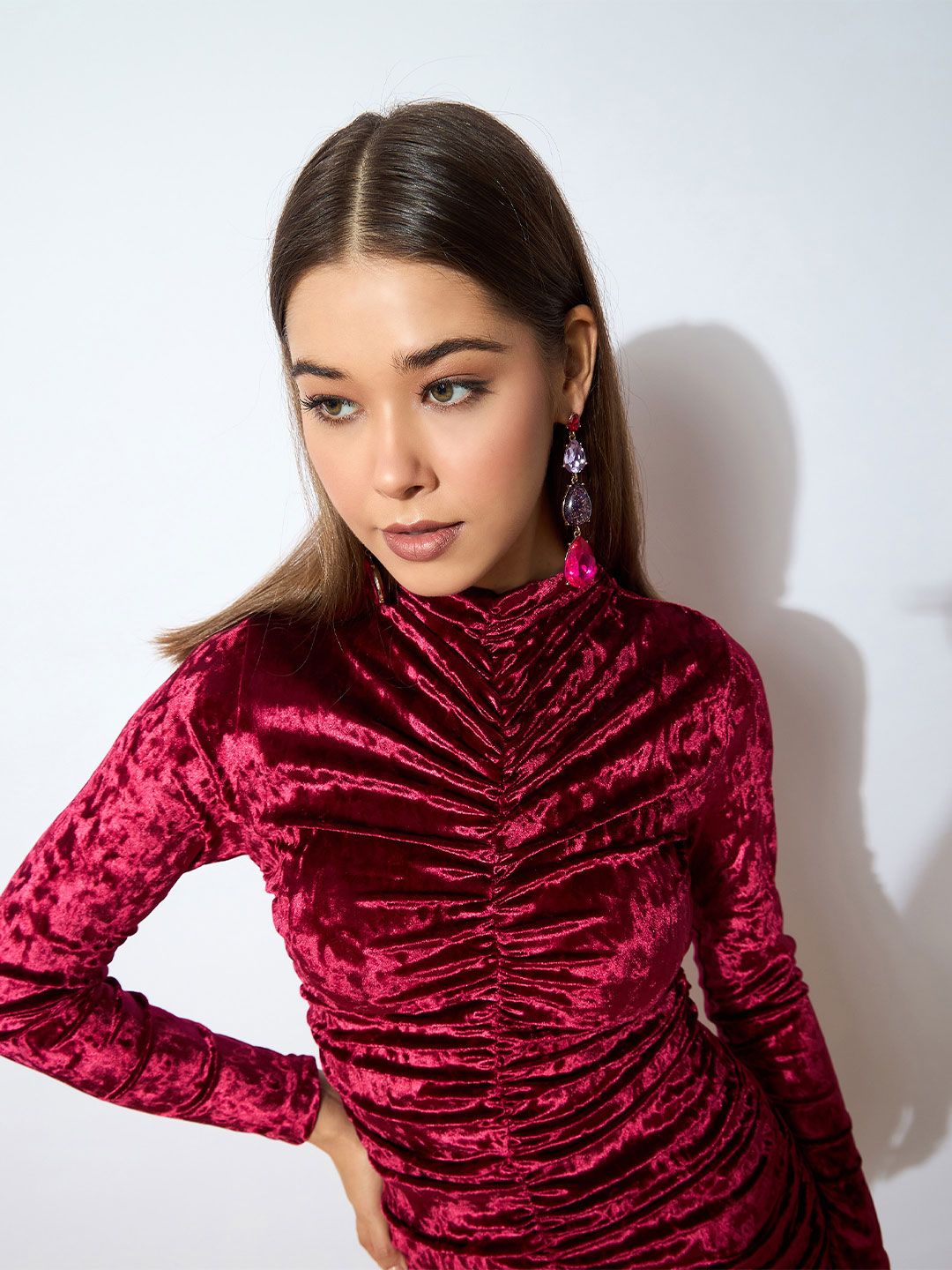 SASSAFRAS Round Neck Ruched Velvet Bodycon Dress