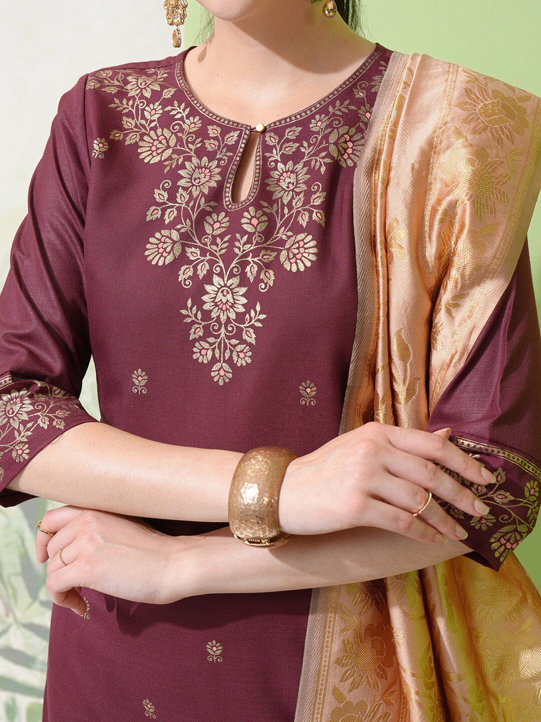 Vishudh Burgundy Floral Woven Design Straight Kurta With Palazzos & Dupatta