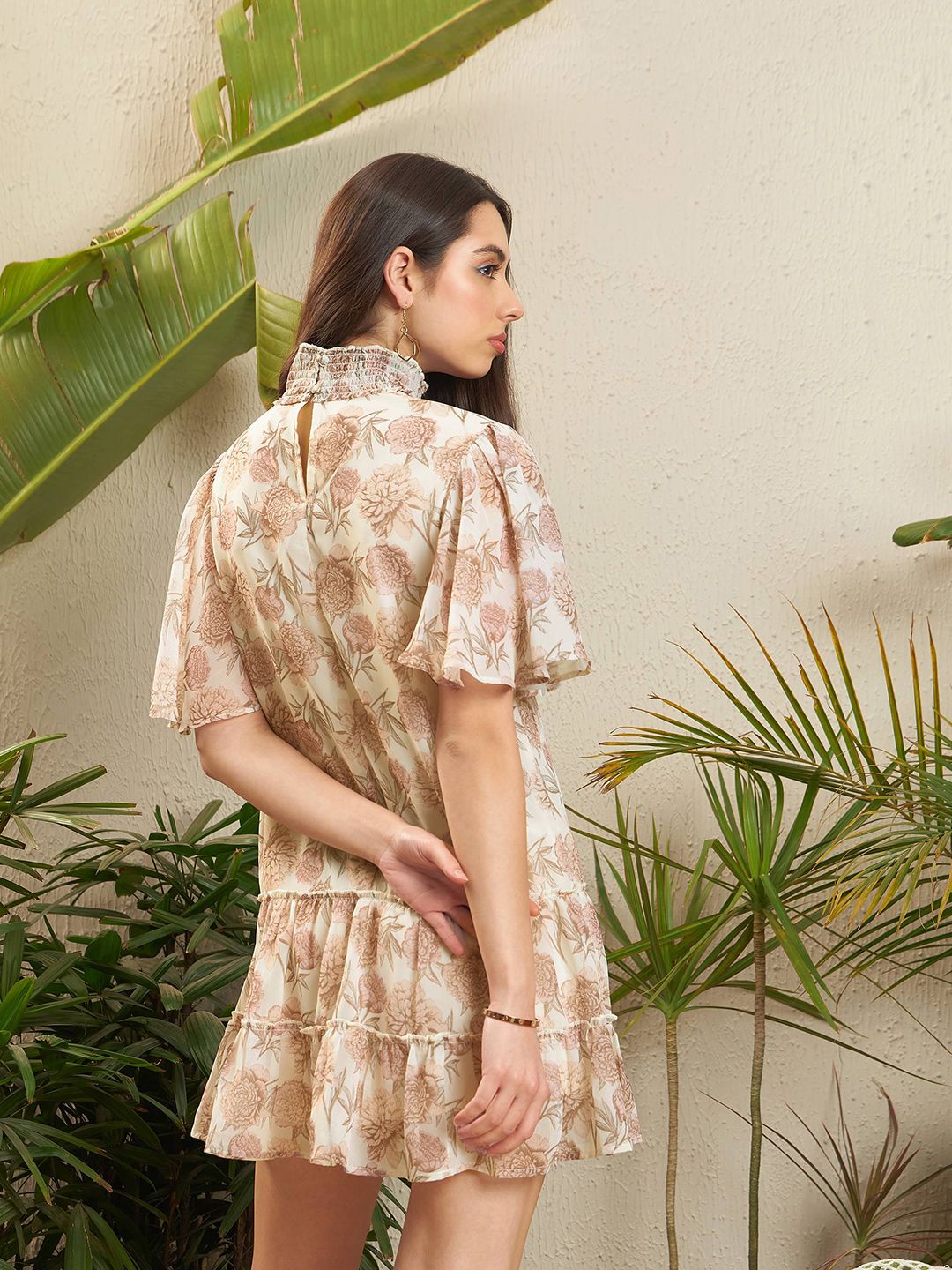 SASSAFRAS Cream-Coloured Floral Printed High Neck Cut-Outs Georgette A-Line Dress