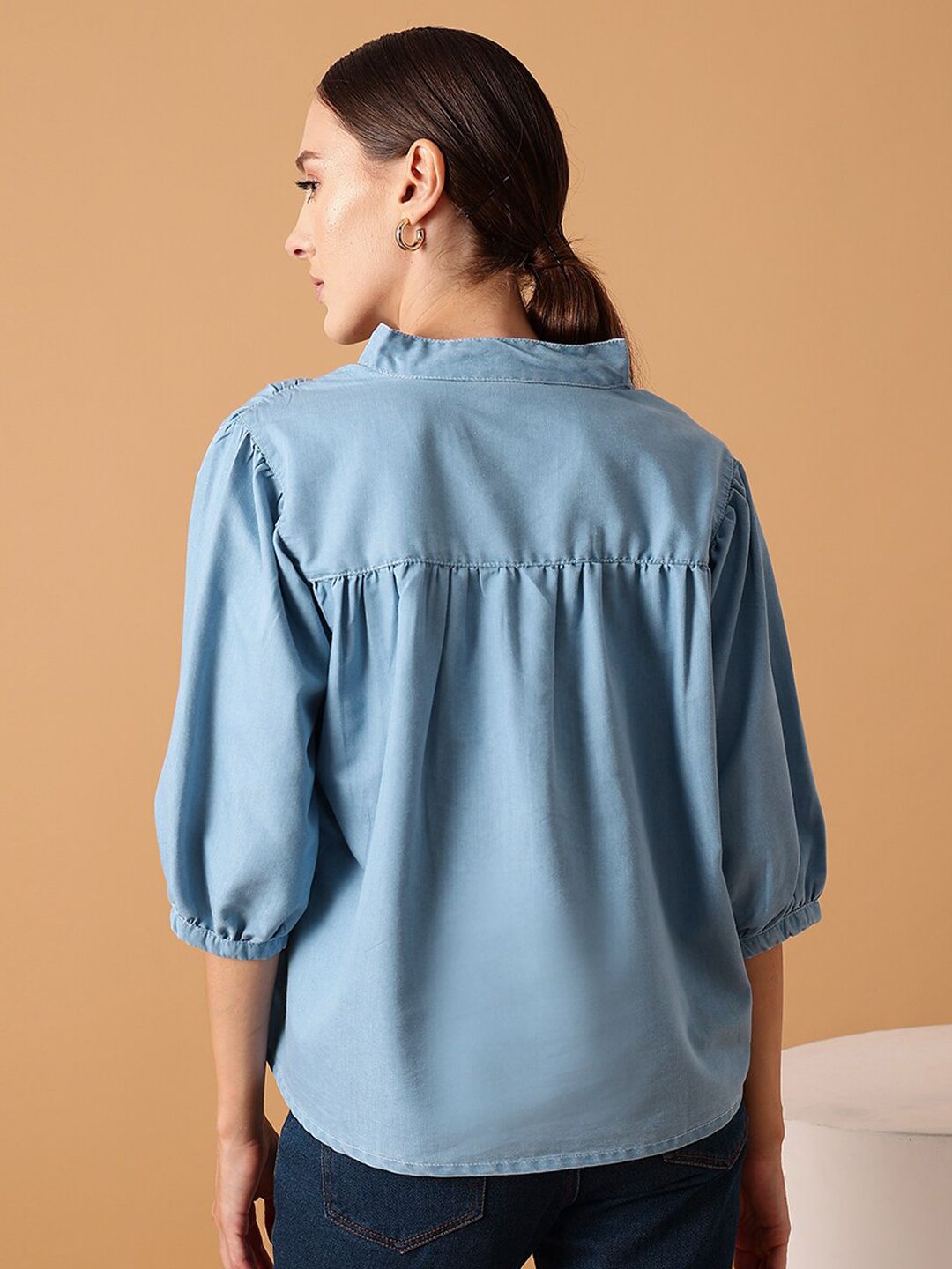 STREET 9 Mandarin Collar Pure Cotton Denim Regular Top