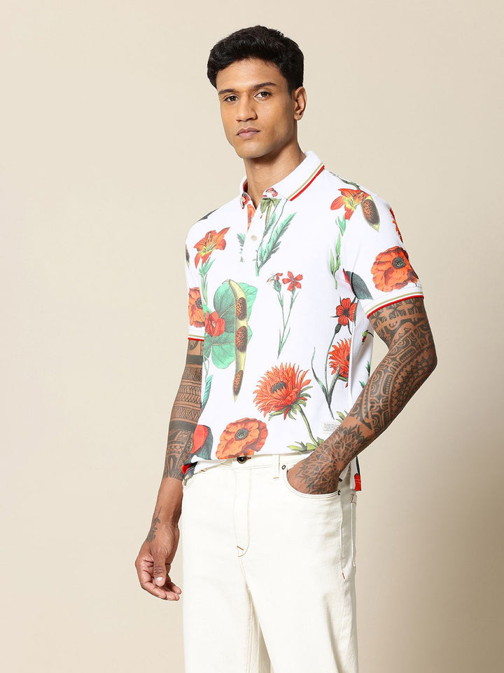 Mr Bowerbird Floral Printed Polo Collar Tailored Fit Pure Cotton T-shirt