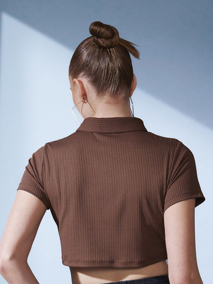 STREET 9 Brown Polo Collar Ribbed Slim Fit Crop T-shirt