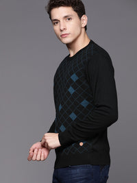 Raymond Men Black & Teal Blue Checked Pullover