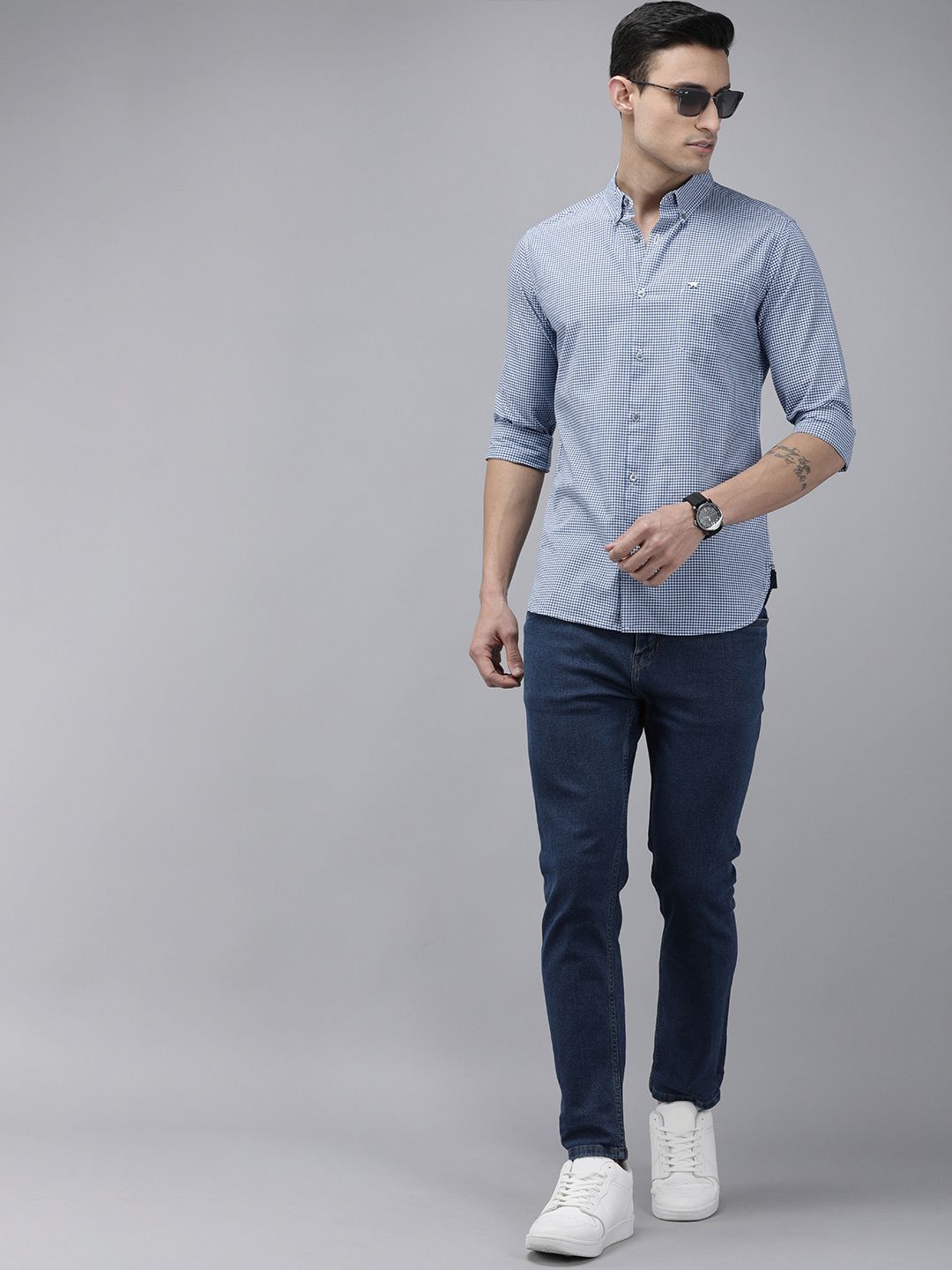 THE BEAR HOUSE Men Blue Pure Cotton Slim Fit Micro Checked Casual Shirt