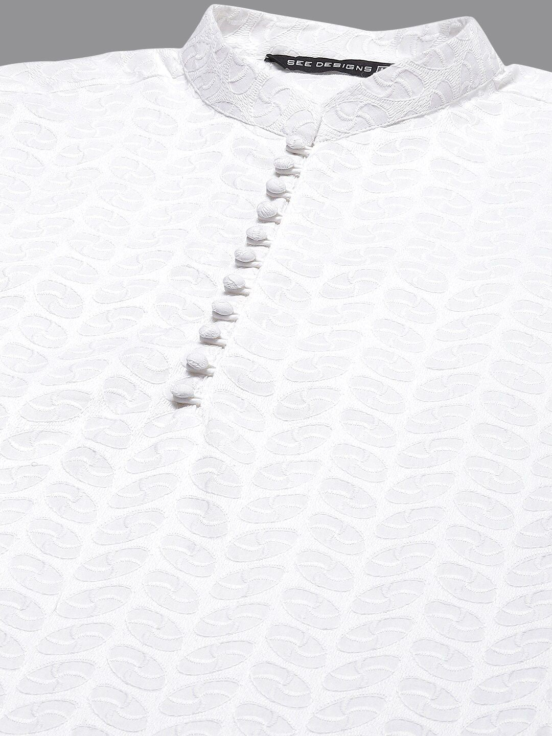 See Designs Men White Geometric Embroidered Chikankari Pure Cotton Kurta