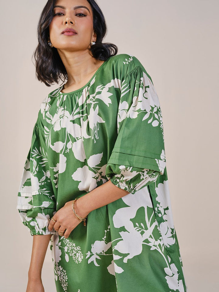 AND Floral Print Puff Sleeve Pure Cotton A-Line Dress