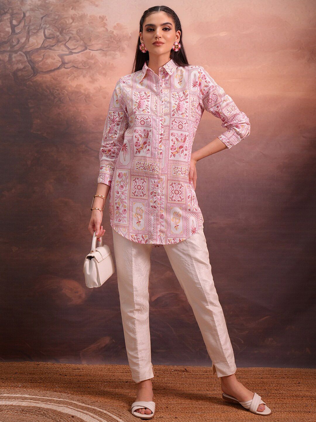 Vishudh Floral Printed Shirt Collar Ethnic Tunic