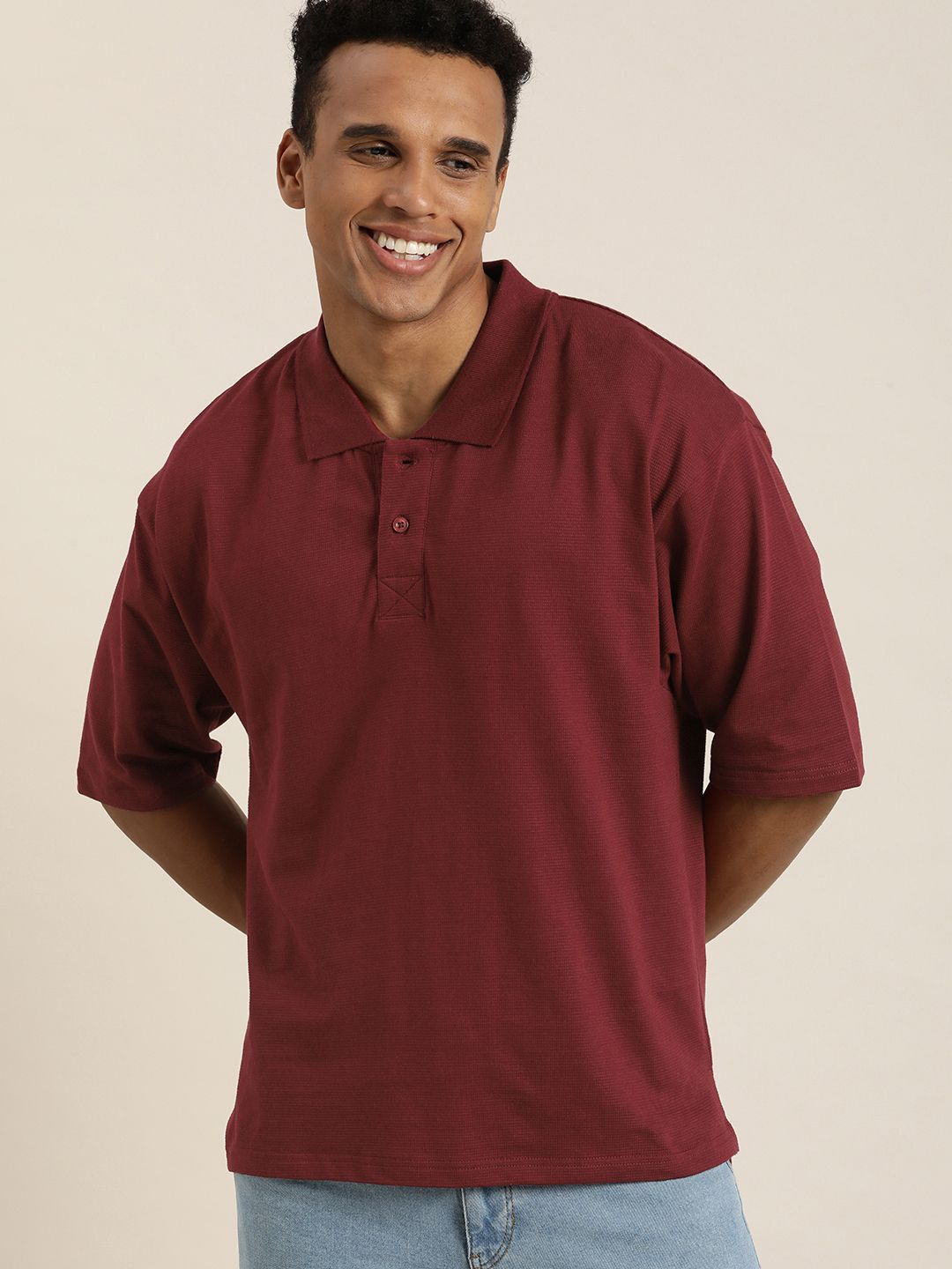 DILLINGER Men Solid Honeycomb Structure Oversized Pure Cotton Polo T-Shirt