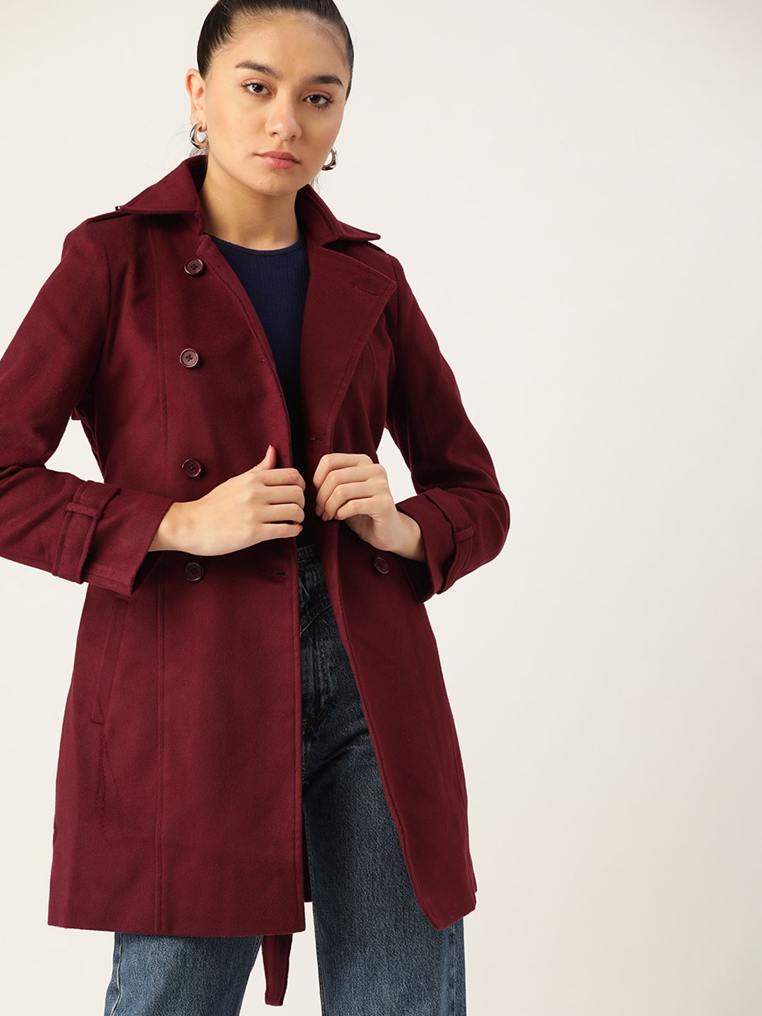 DressBerry Women Burgundy Solid Hip Length Overcoat