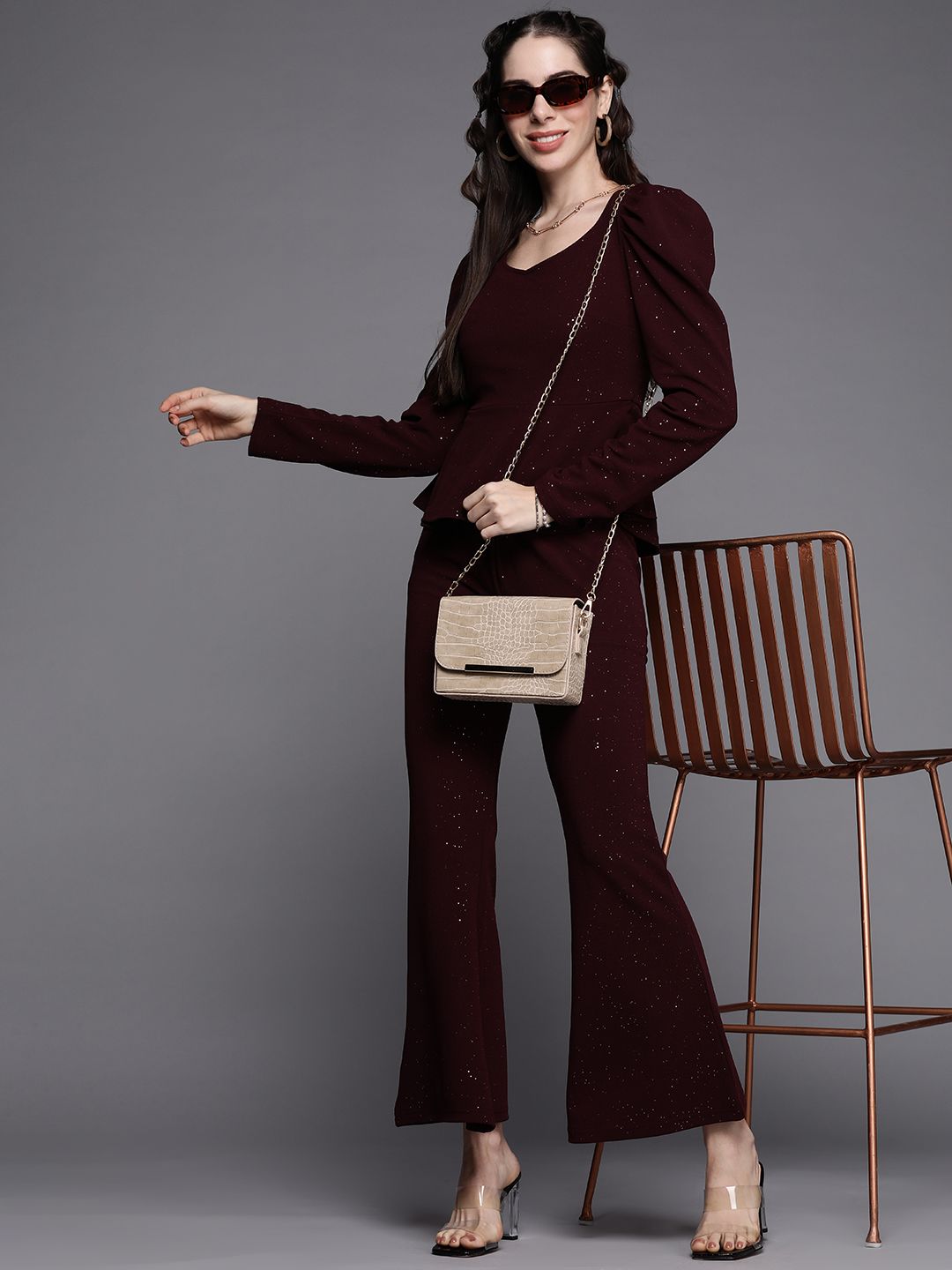 SASSAFRAS Burgundy Solid Shimmer Puff Sleeves Peplum Top