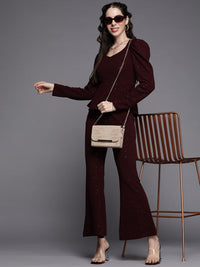 SASSAFRAS Burgundy Solid Shimmer Puff Sleeves Peplum Top