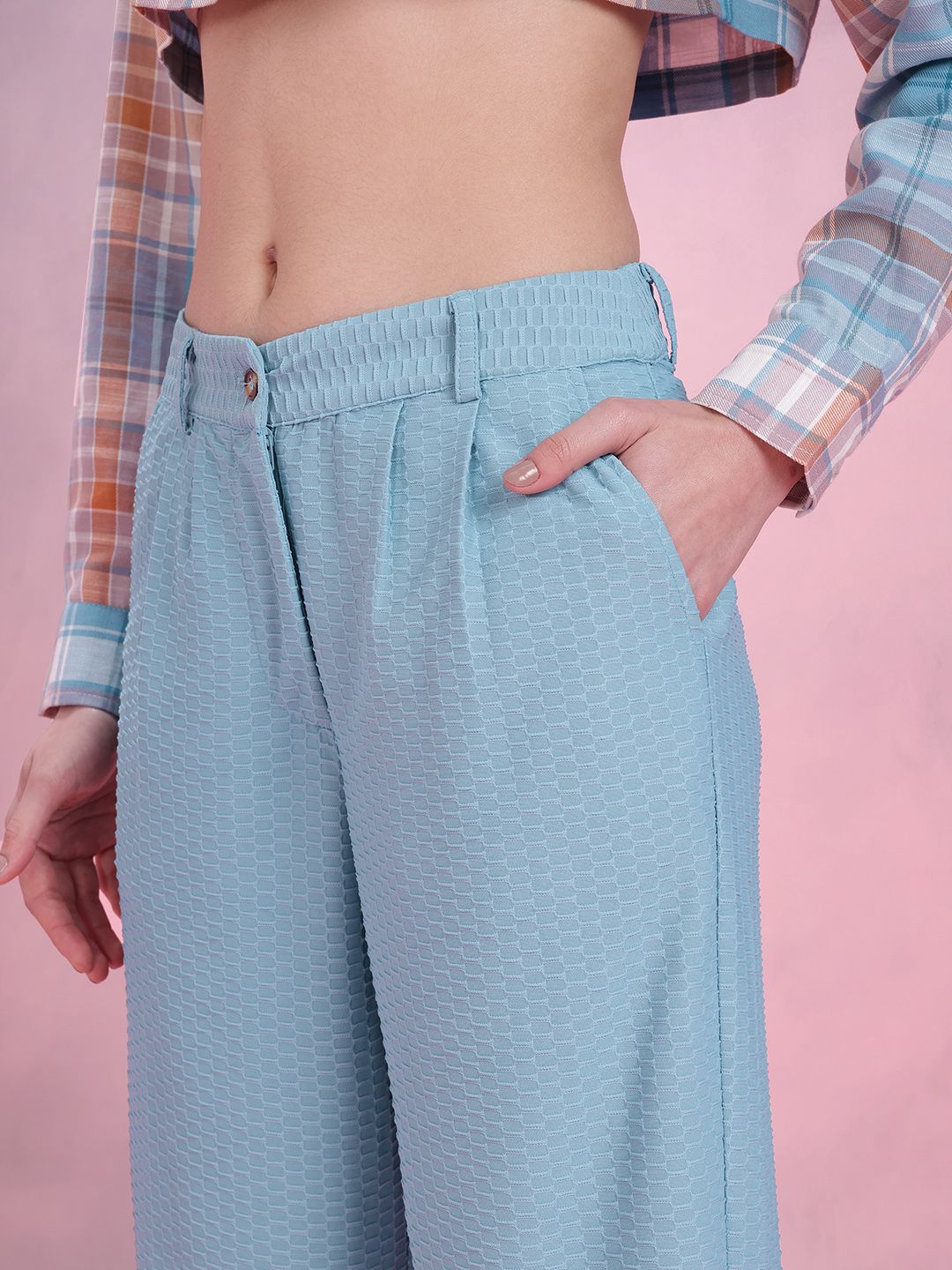 DressBerry Women Geometric Textured Pleated Detail Flared Fit Wide Leg Trousers