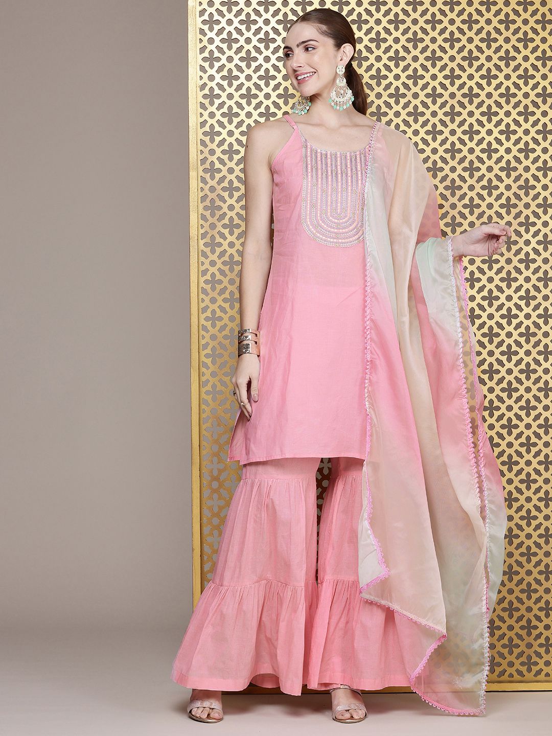 House of Pataudi Women Floral Yoke Design Pure Cotton Jashn Kurta with Sharara & Dupatta