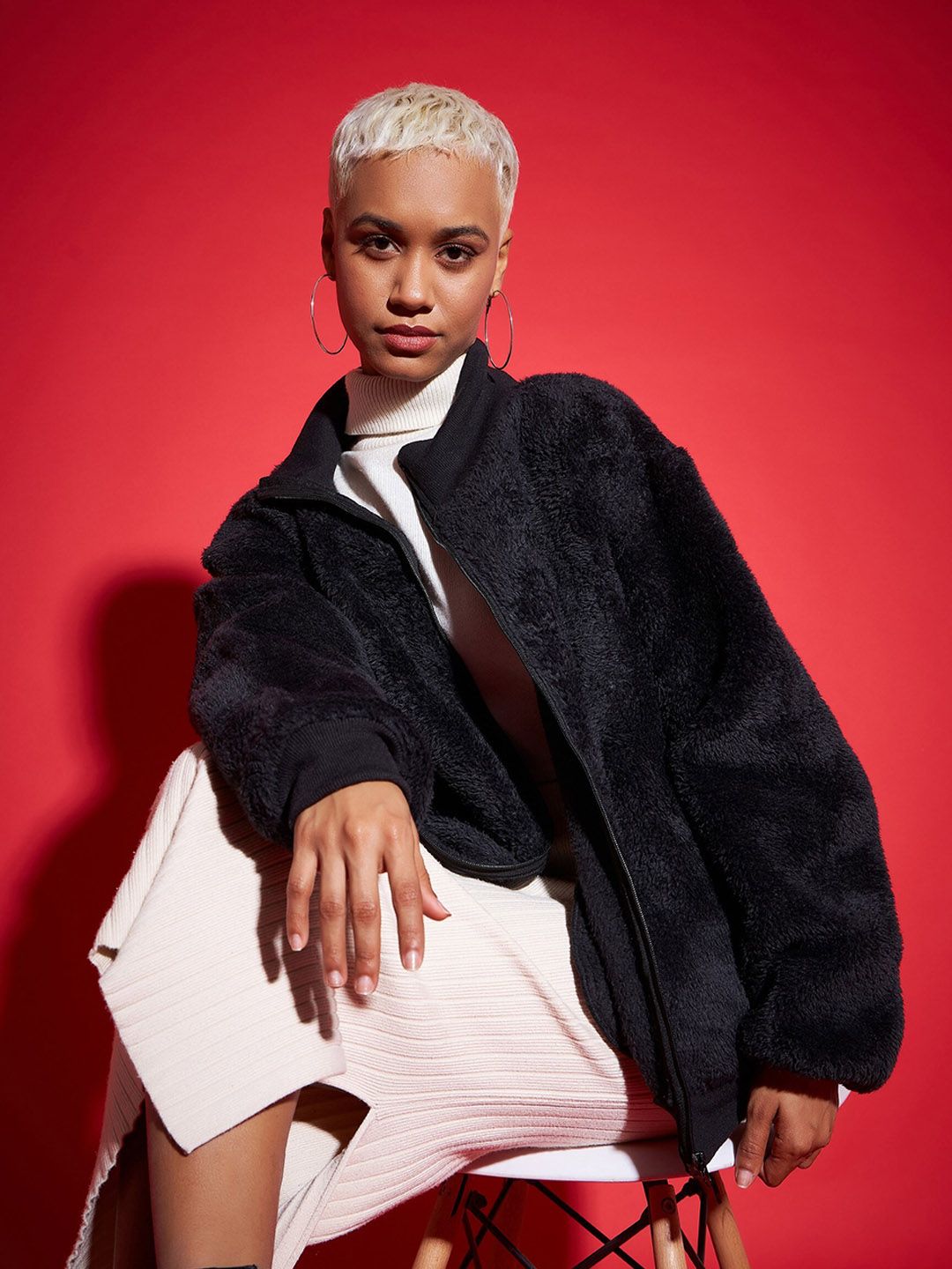 SASSAFRAS Black Mock Collar Faux Fur Trim Detail Bomber Jacket