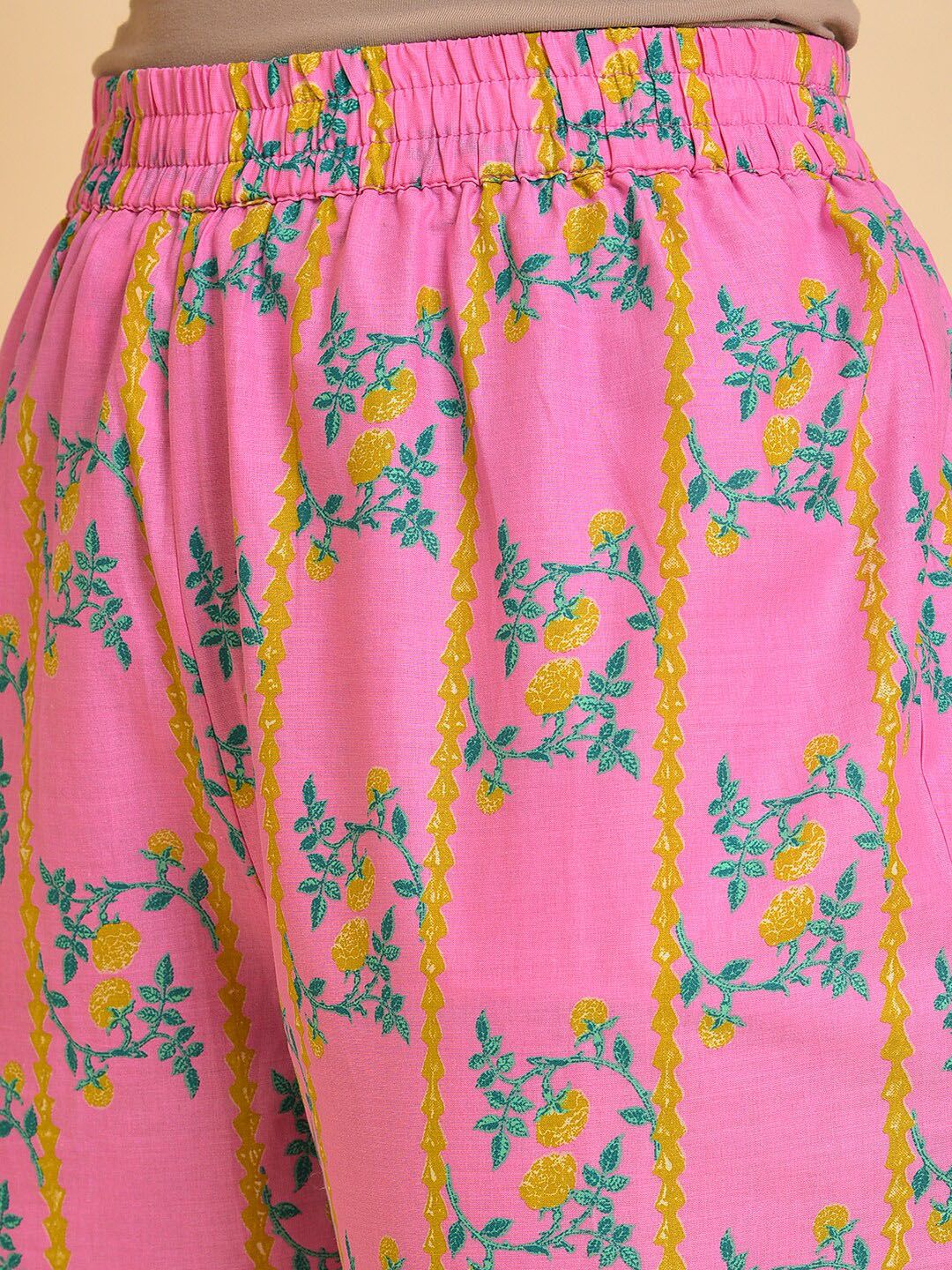 W Pink & Green & Yellow Floral Printed Pure Cotton Kurta With Trousers & Dupatta