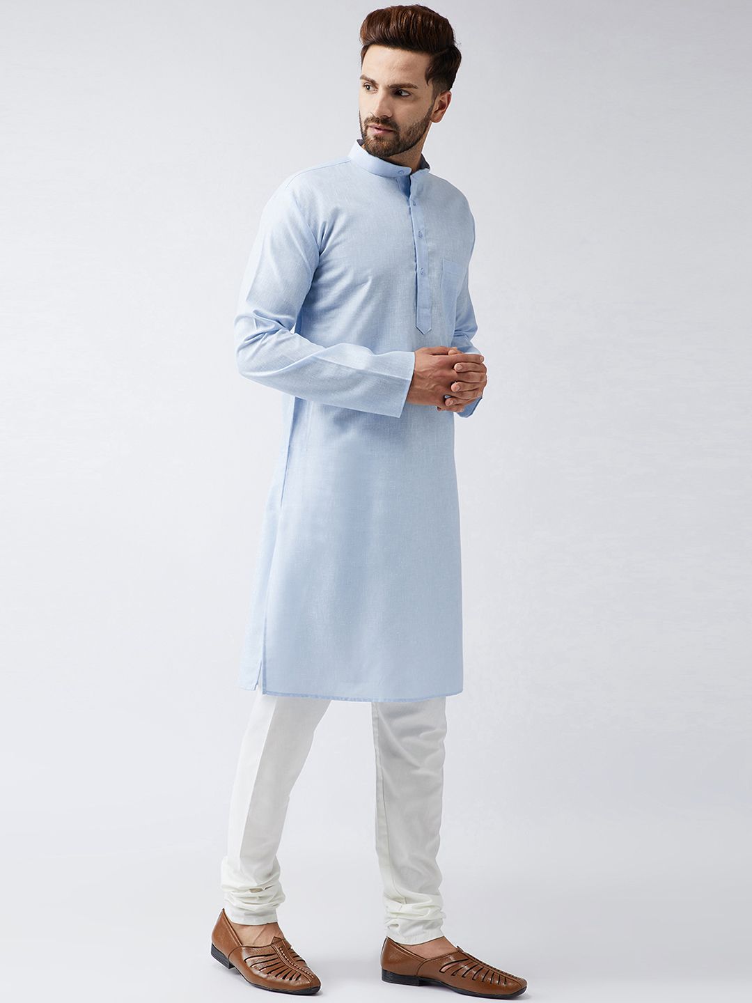SOJANYA Men Blue & Off-White Solid Kurta with Churidar