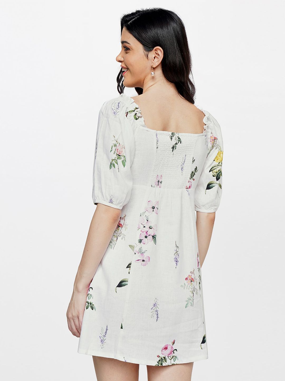 AND Floral Printed Square Neck Puff Sleeve A-Line Dress