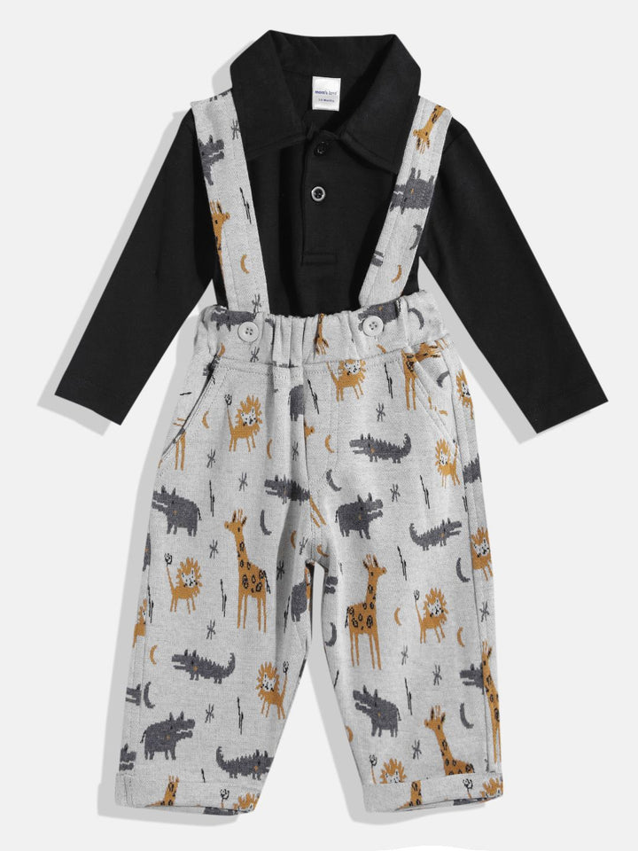 Moms Love Infant Boys Pure Cotton Animal Graphic Printed Dungarees with Solid T-shirt